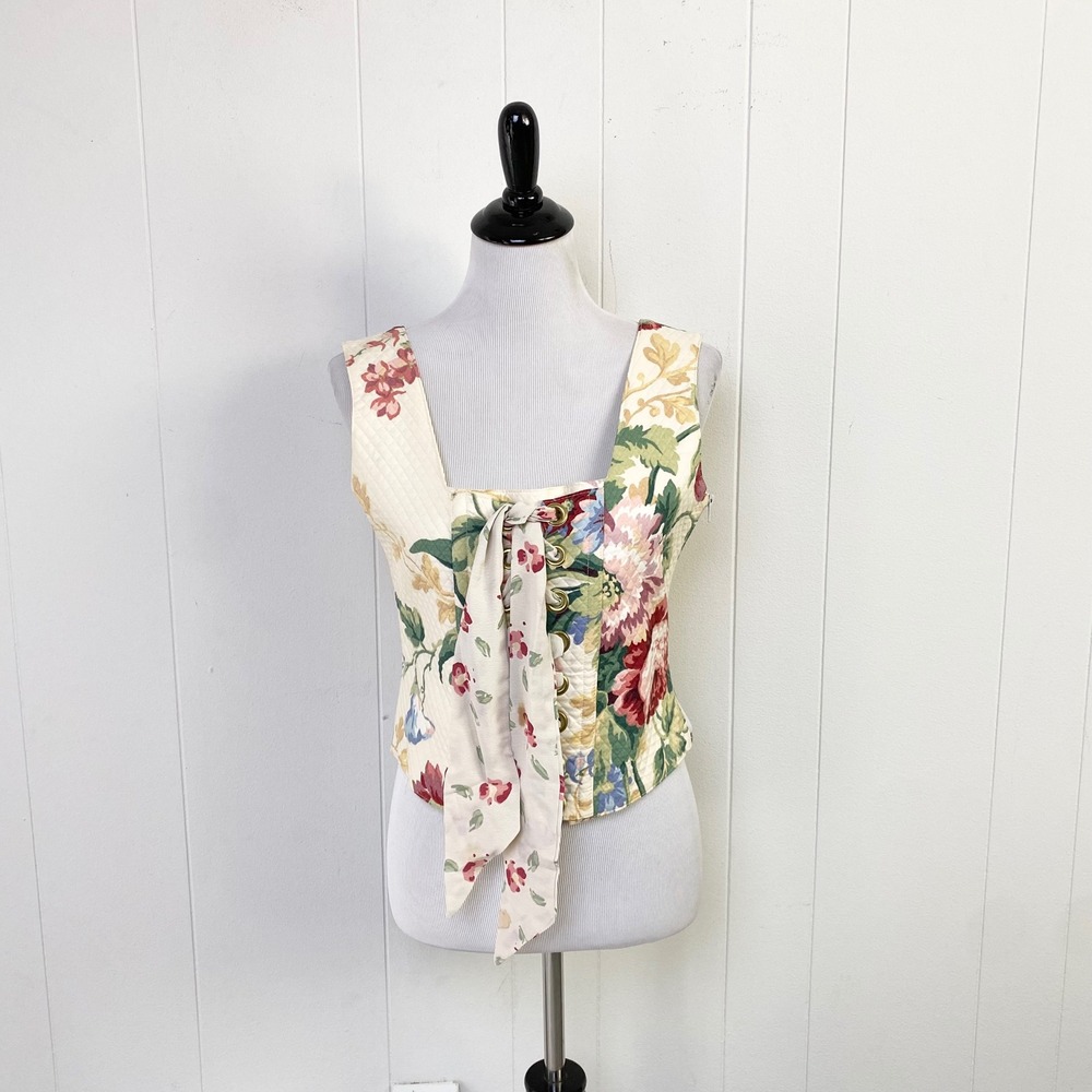 Vintage 90s Floral Quilted Bustier Lace Up Front Top Medium Corset Cottagecore